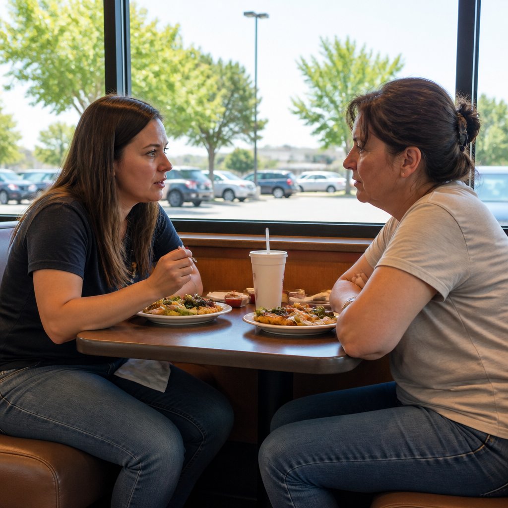 Woman talking seriously with aunt in fast food restaurant