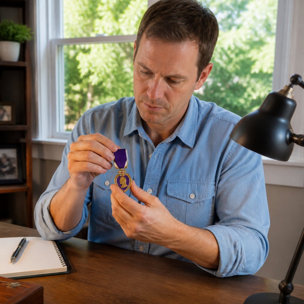 Man closely inspecting engraved Purple Heart medal under lamp.
