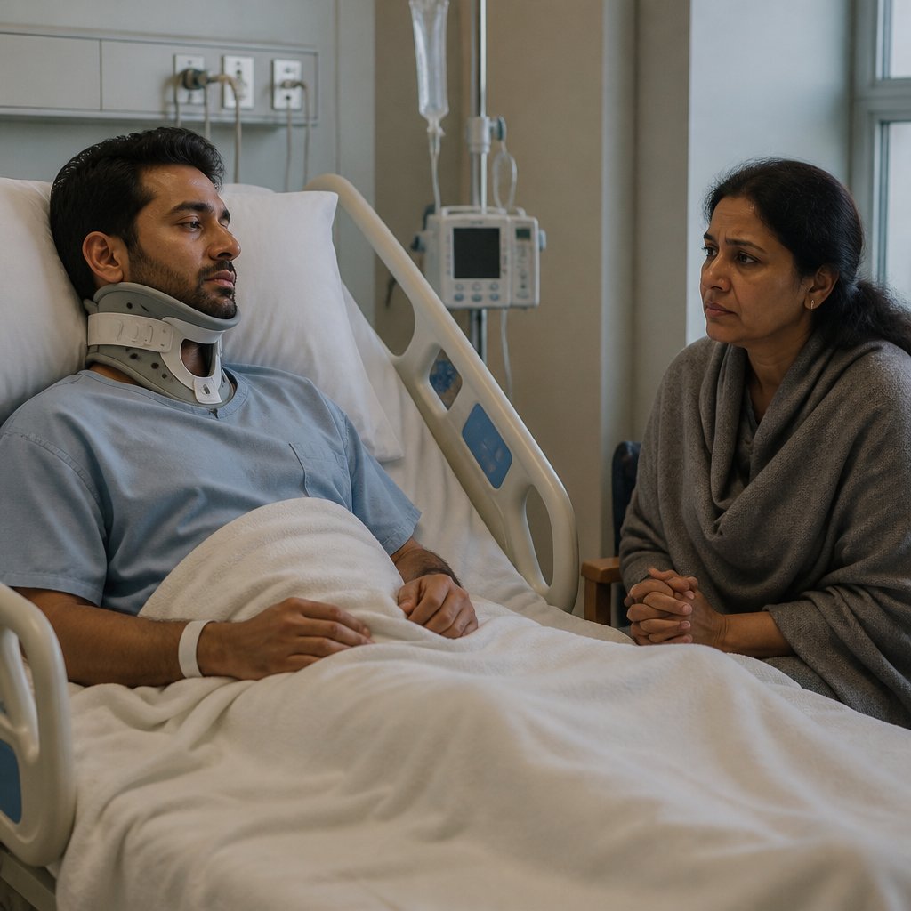 Patient in ICU bed with his mother seated at the foot of the bed, collar pressing against his jaw.