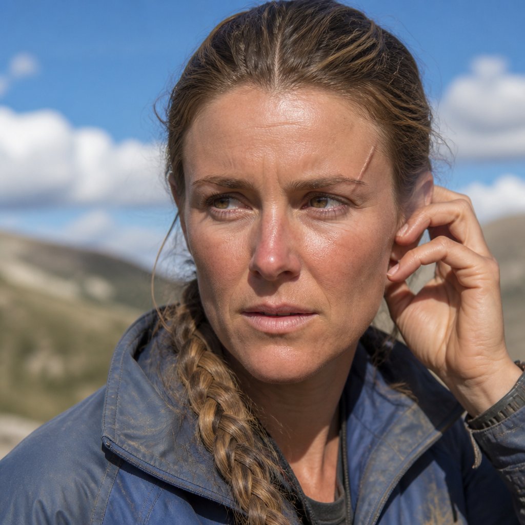 Close-up of woman turning and cupping her ear, dust on her face and braid over her shoulder as she listens for a distant sound.