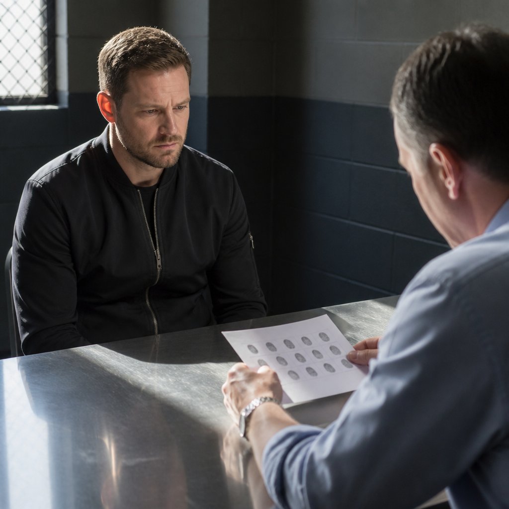 Man in police interview reviewing fingerprint evidence with detective