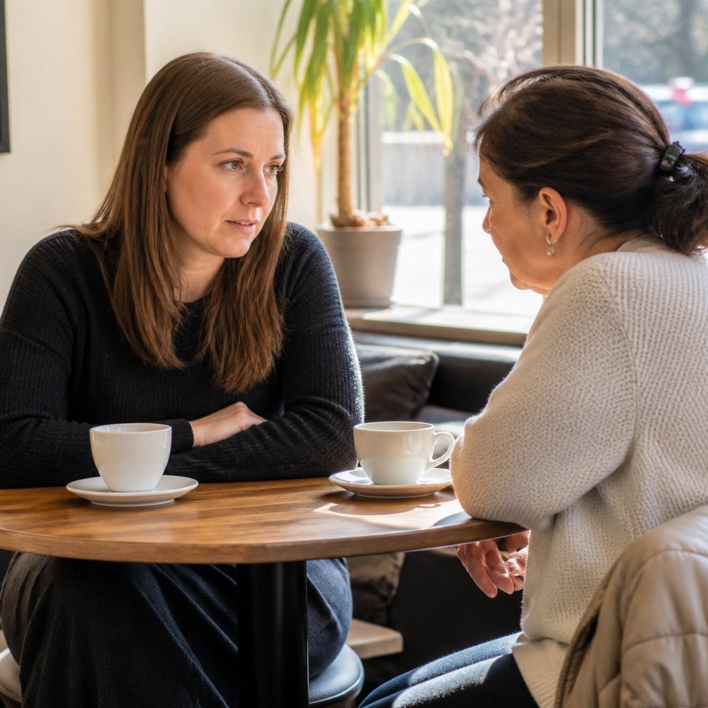 Woman and aunt sharing confidential information in cafe