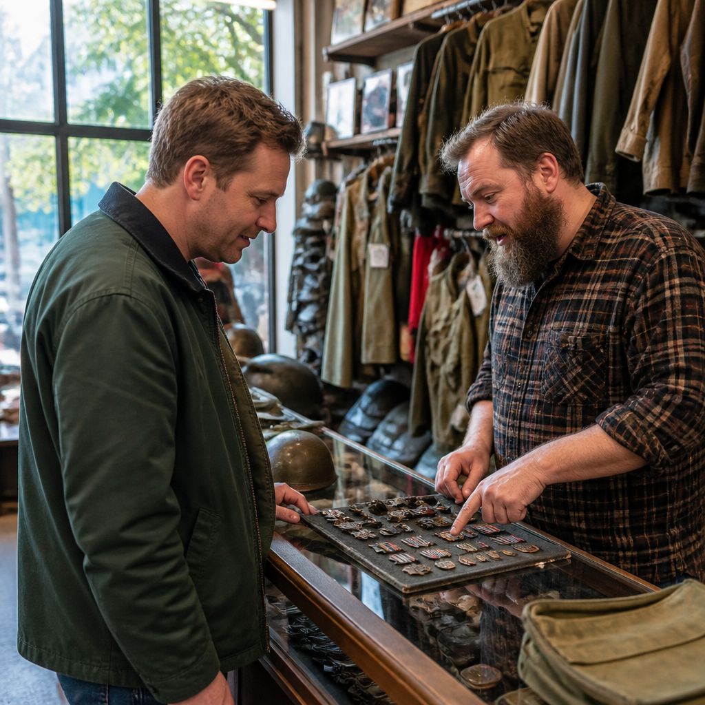 Two men examining WWII medals in a militaria shop.