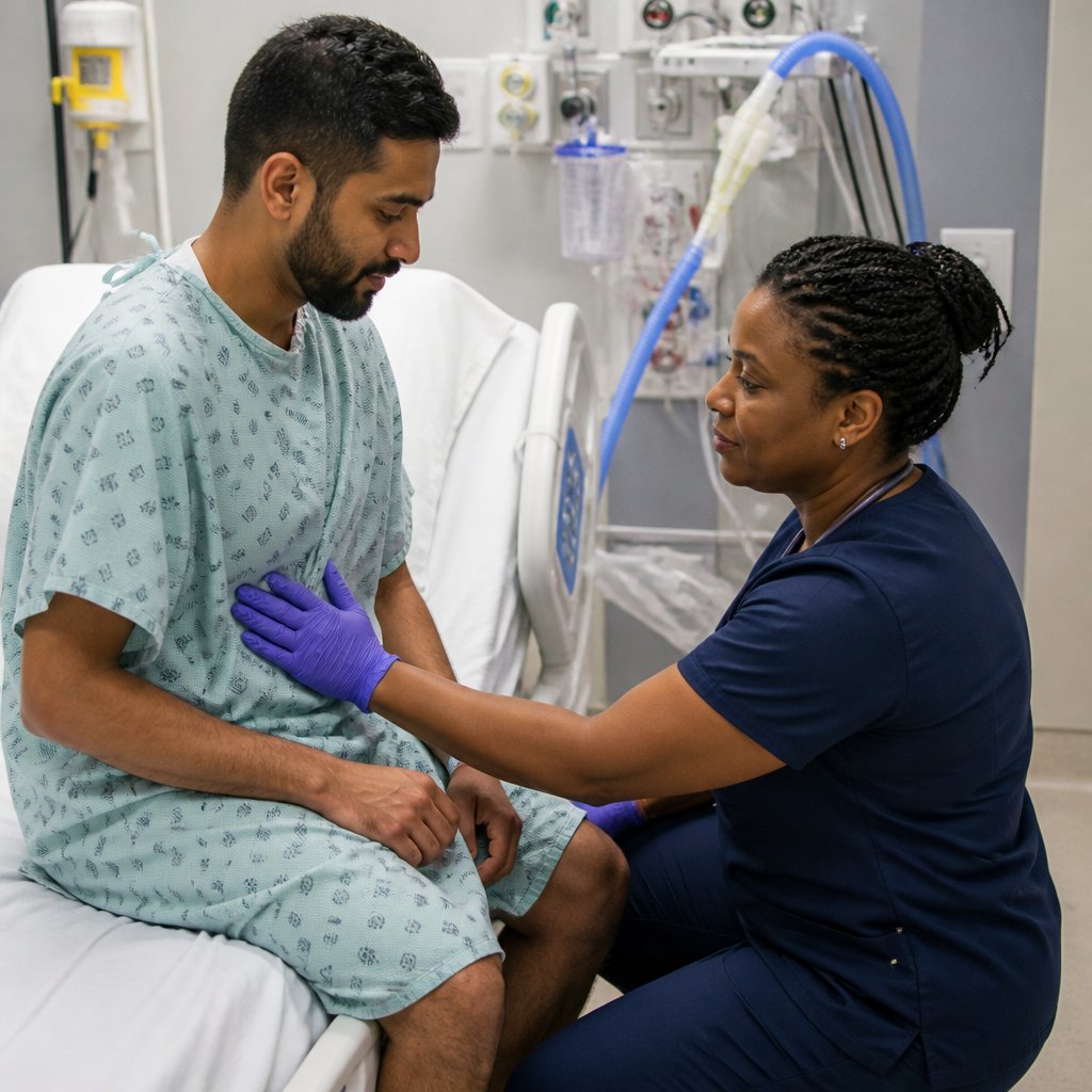 Respiratory therapist demonstrating an assisted cough on a patient at the bedside.