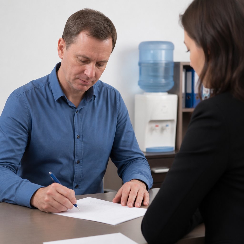 Man signing settlement documents in government office