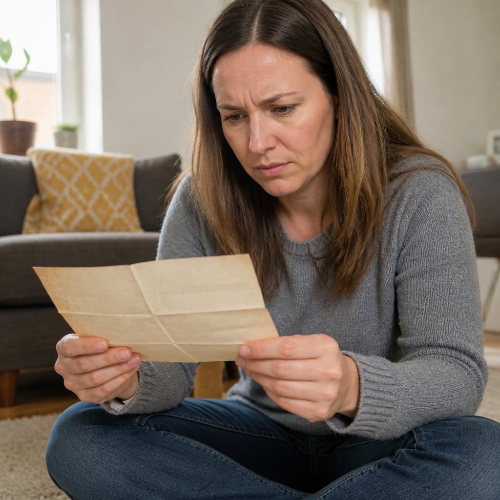 Woman reading a mysterious letter at home