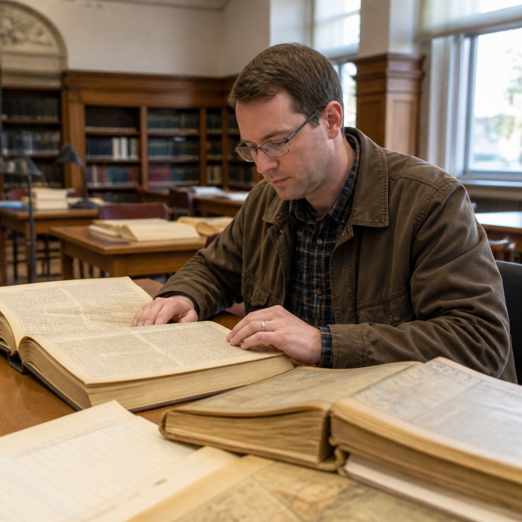 Man studying old city directories in a library, focused.