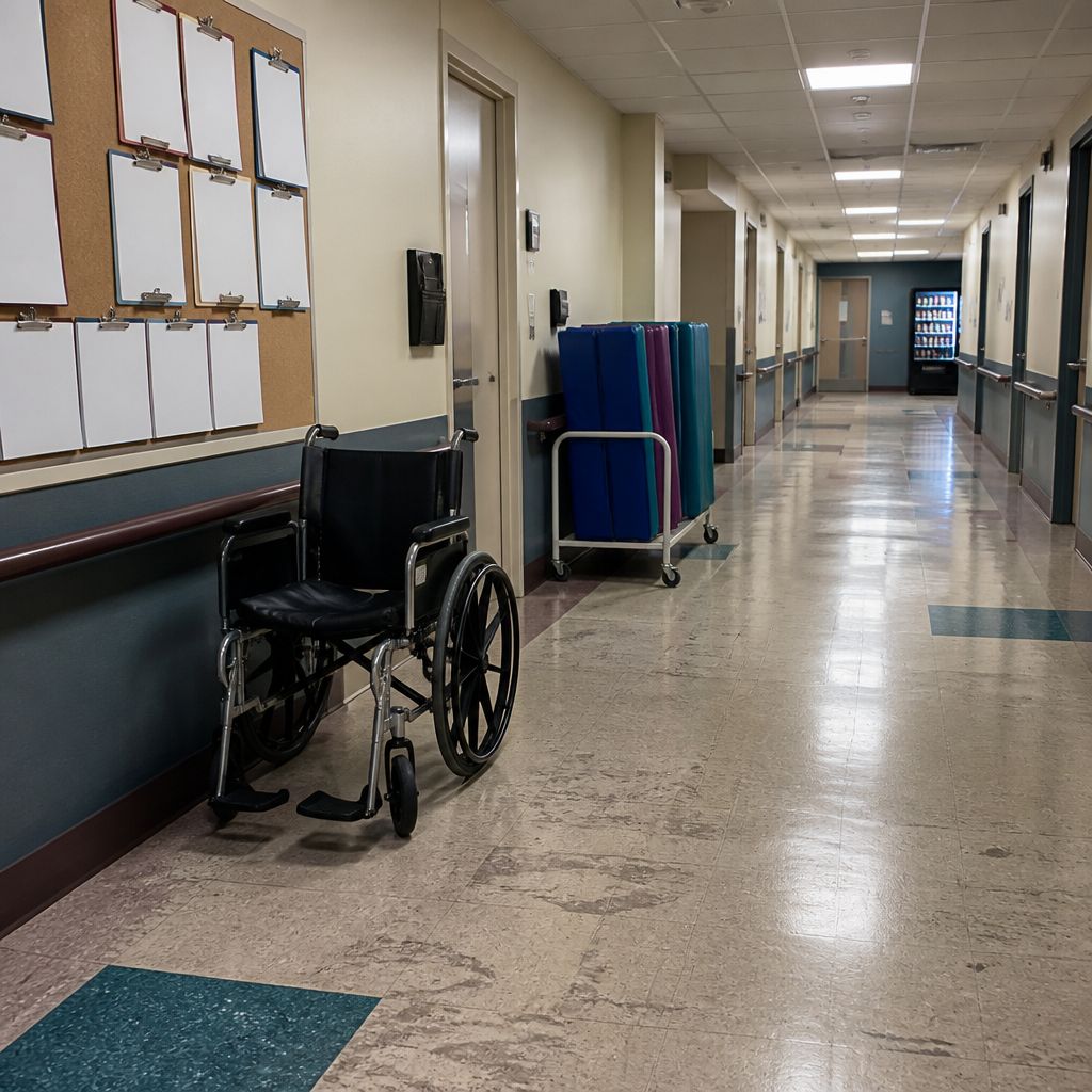Empty rehab corridor with a wheelchair, therapy mats, and a schedule board in the distance.