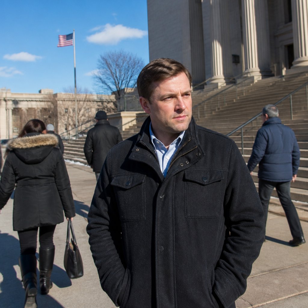 Man standing outside courthouse deep in thought