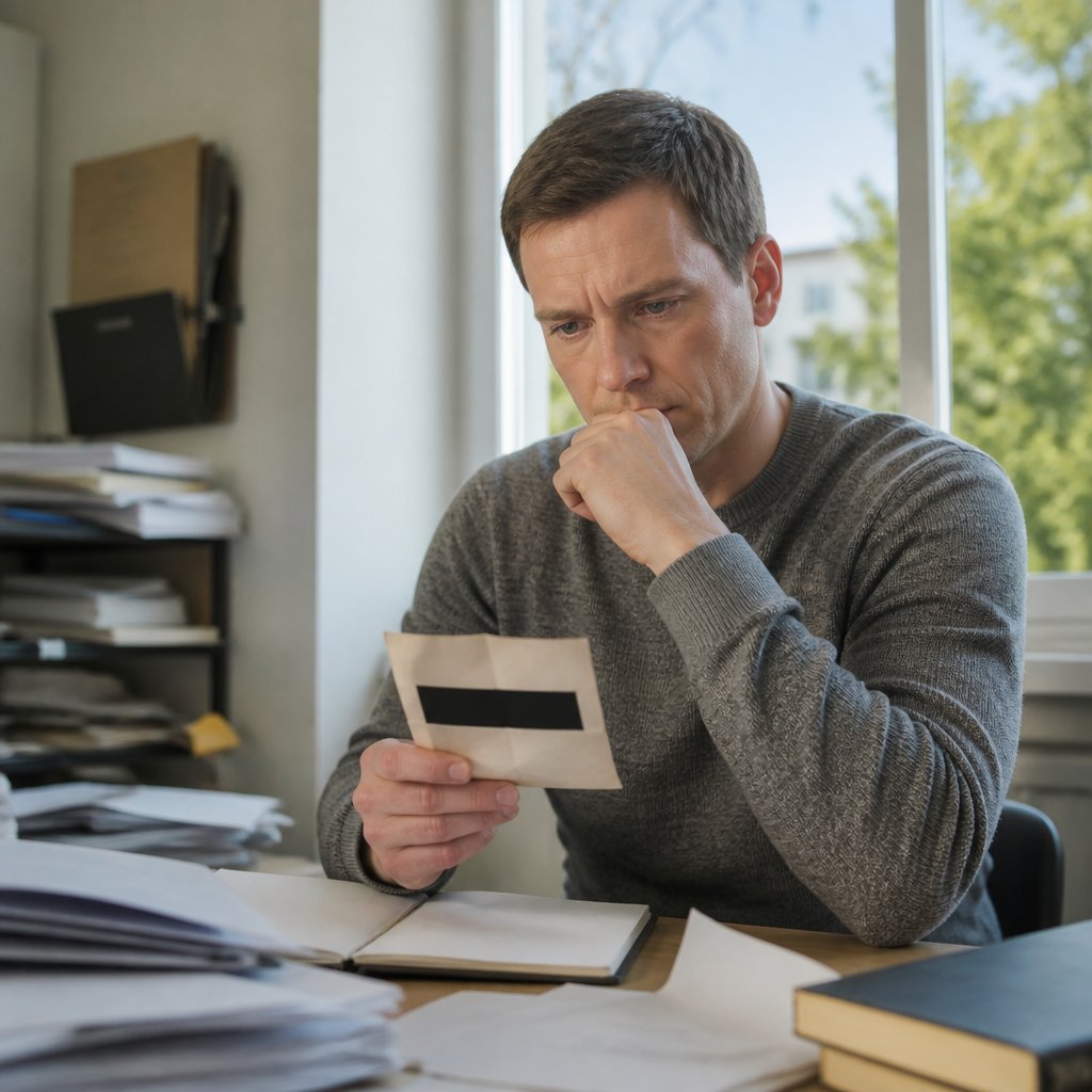Man examining draft card with censored employer information at a desk.