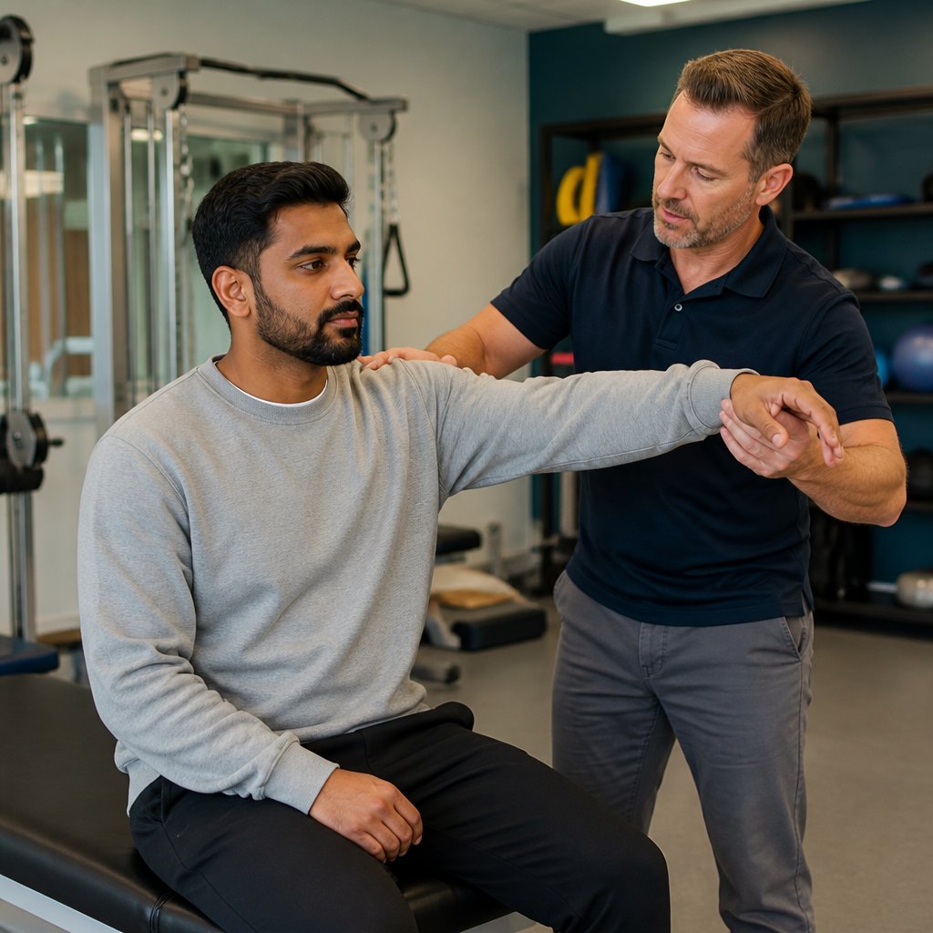 Patient on a therapy bench doing a shoulder exercise with a physical therapist, towel on his lap.