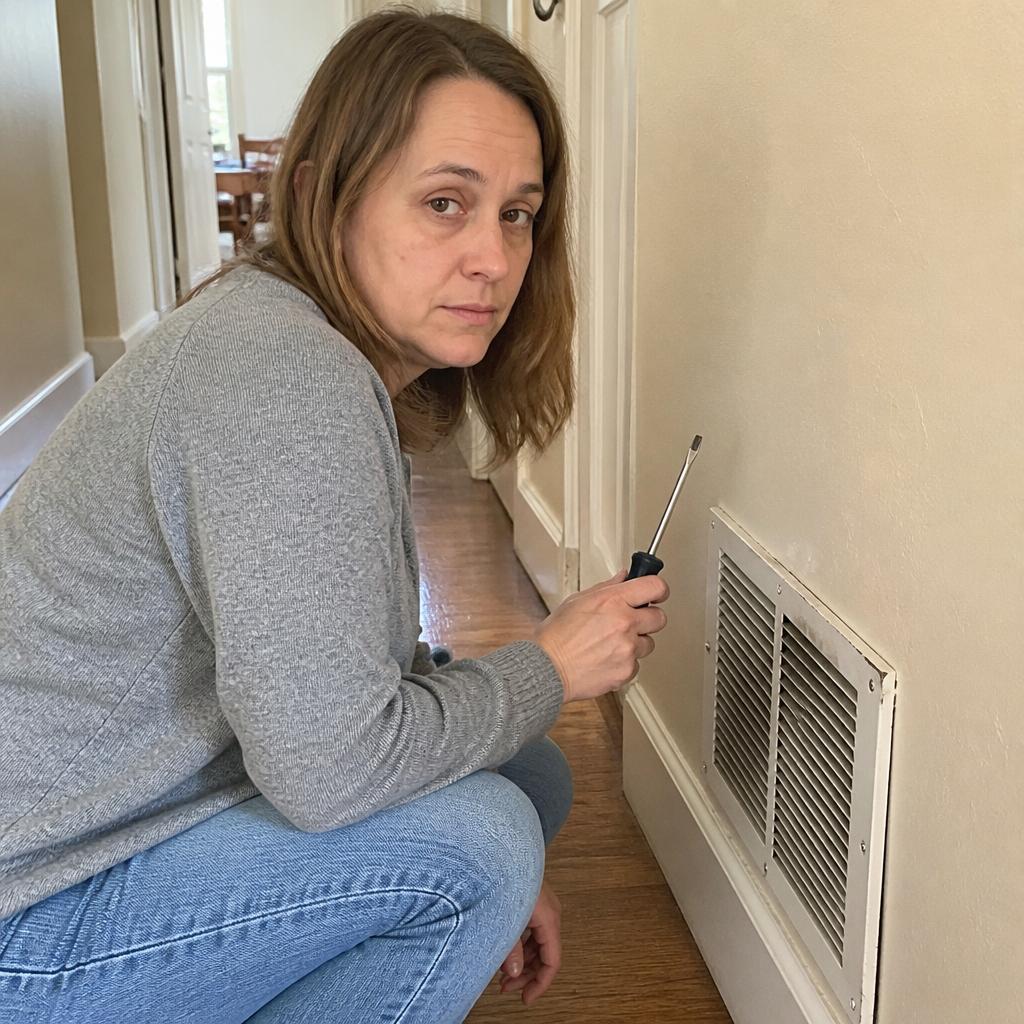 Woman crouched beside a hallway vent with a screwdriver, examining a slightly crooked vent cover in a narrow hallway.