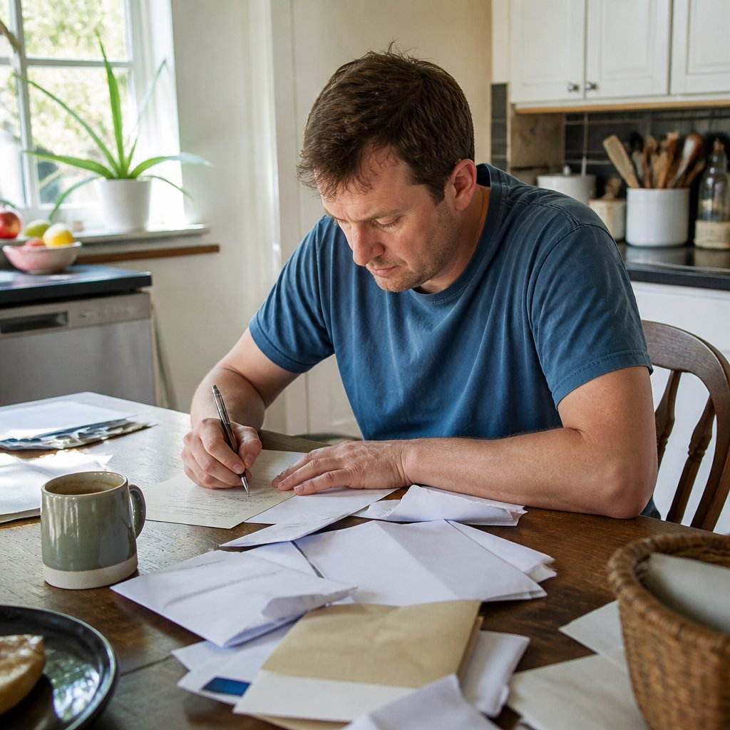 Man writing letters at kitchen table, surrounded by paperwork and coffee mug.