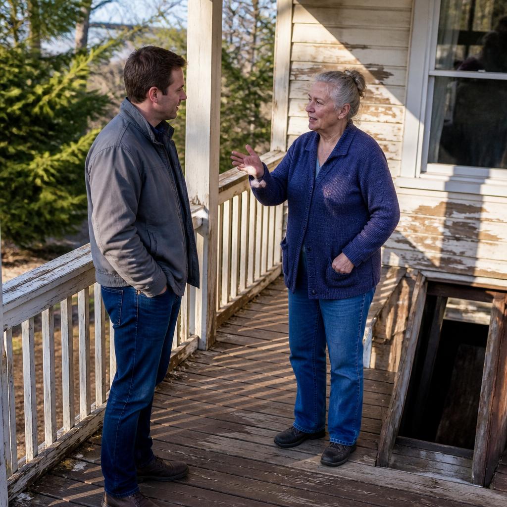 Man in gray jacket talking to older woman on porch of an old house with a basement door open.