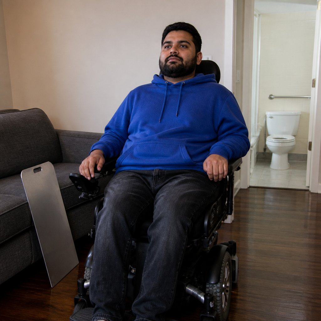 Man in a power wheelchair in his adapted apartment, sister holding van keys nearby.