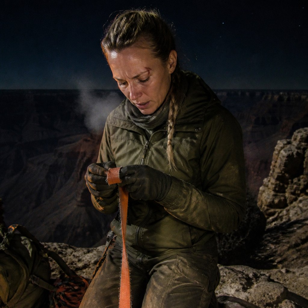 Woman on a canyon lip at night, tying frayed tape around her leg, breath visible in cold air.