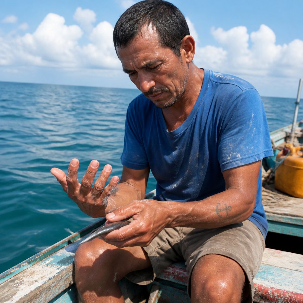 Man with cracked hands holding a fish on a boat under harsh sunlight.