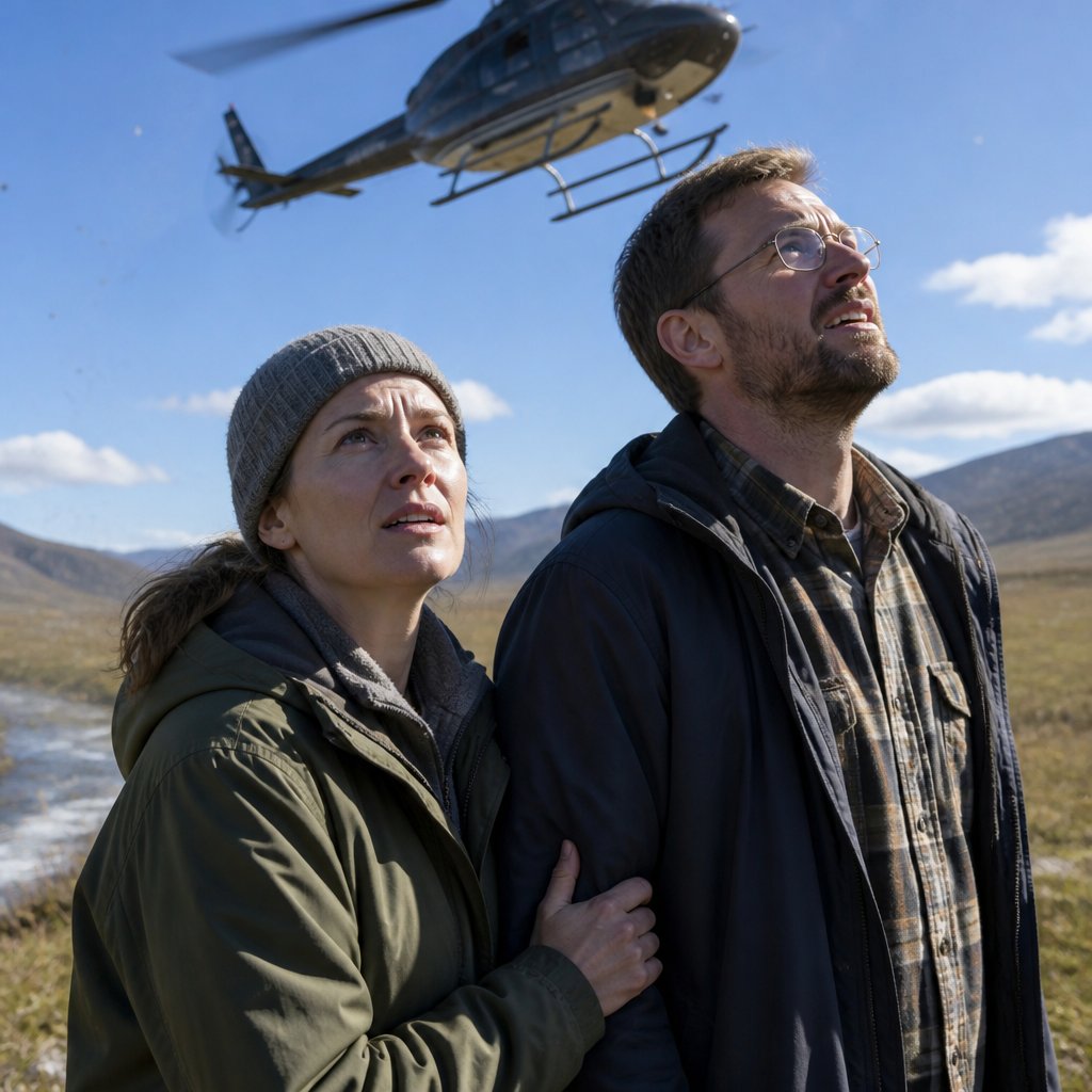 Two people standing on tundra staring up at a helicopter hovering low over a creek, rotors stirring mist and grass.