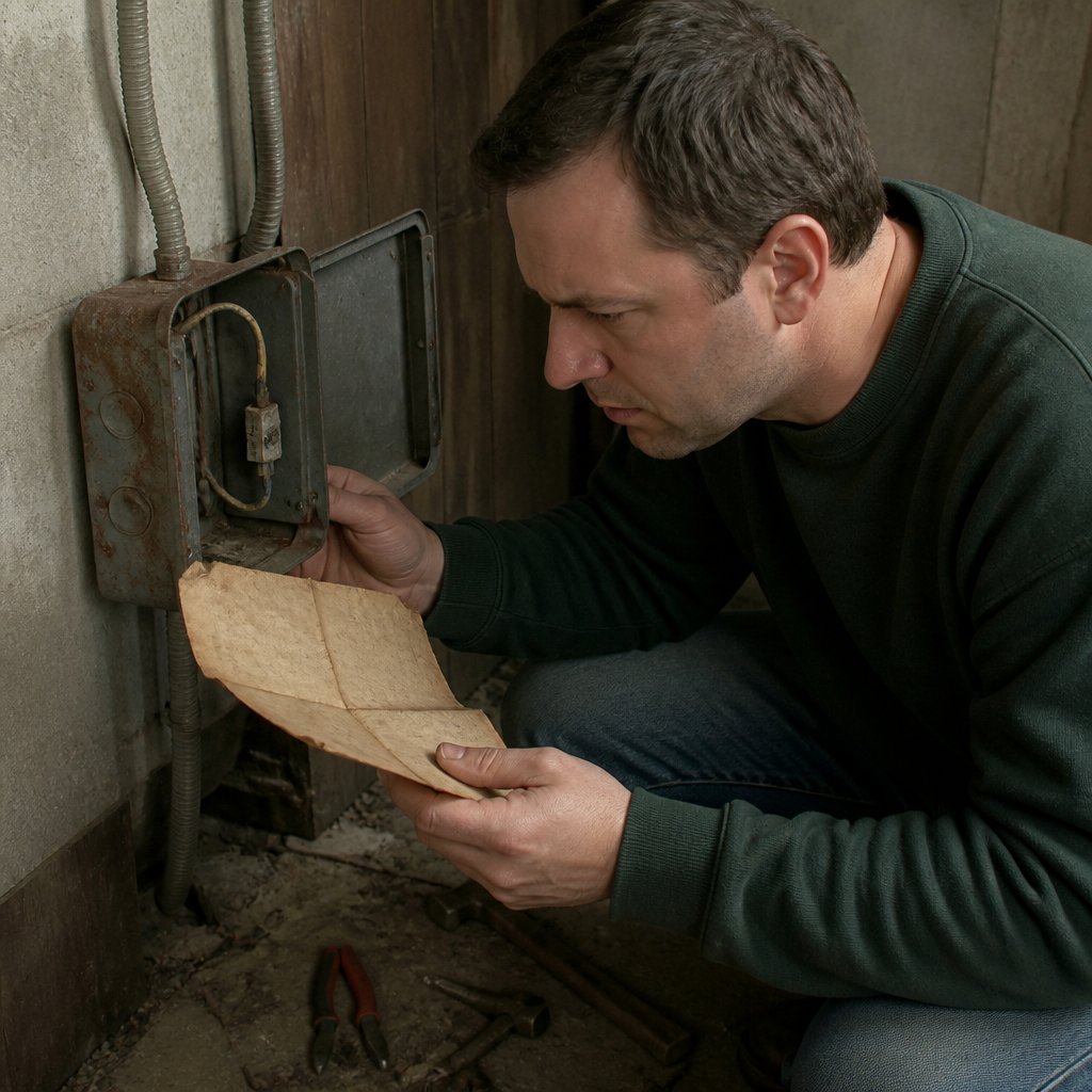 Man crouching in basement, opening junction box and holding old paper.