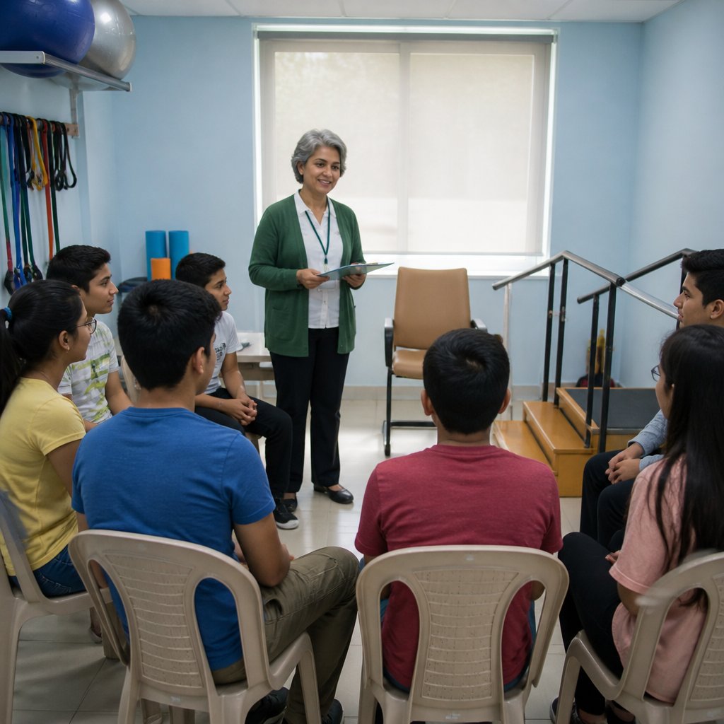 Rehab classroom with teens, an occupational therapist, and Asha watching from the back.