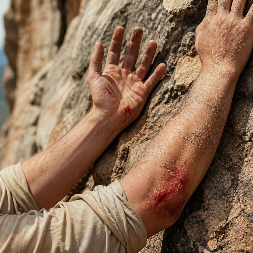 Close detail of raw elbows and split palms pressed to rough rock with grit in the wounds.