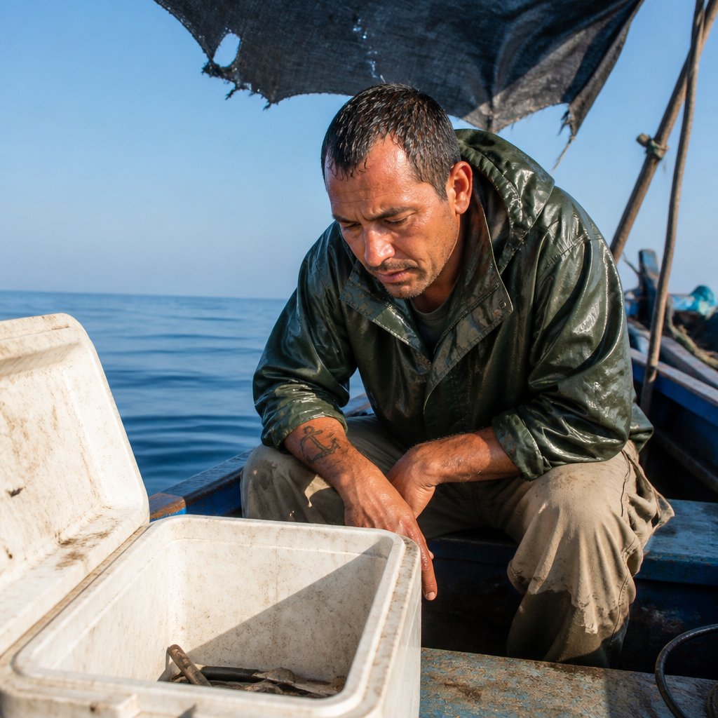 Man under tarp on boat after storm, looking at open cooler.