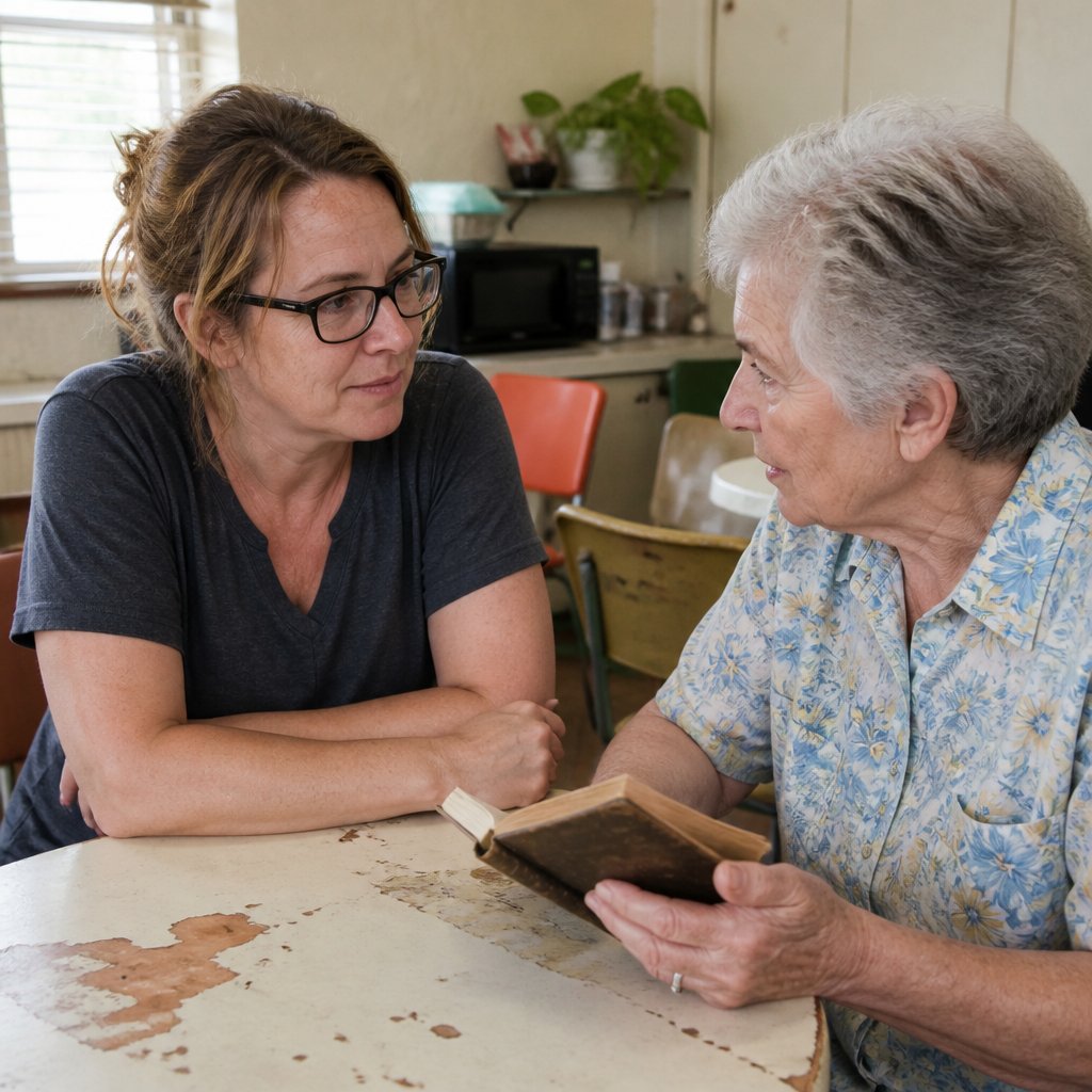 A woman in her 40s listens closely to a retired store clerk in a small break room.