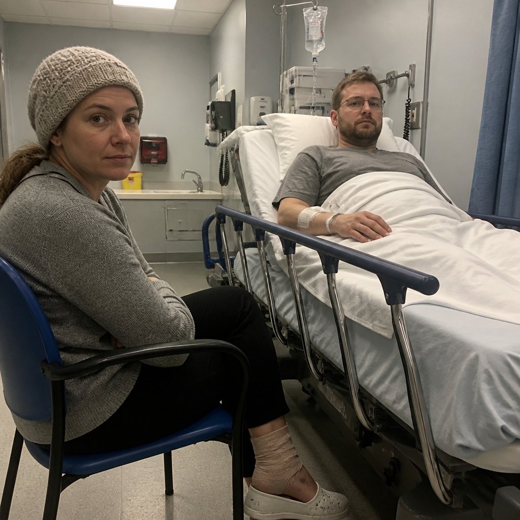 Hospital emergency room with a man on a gurney and a woman sitting nearby, both injured and exhausted.
