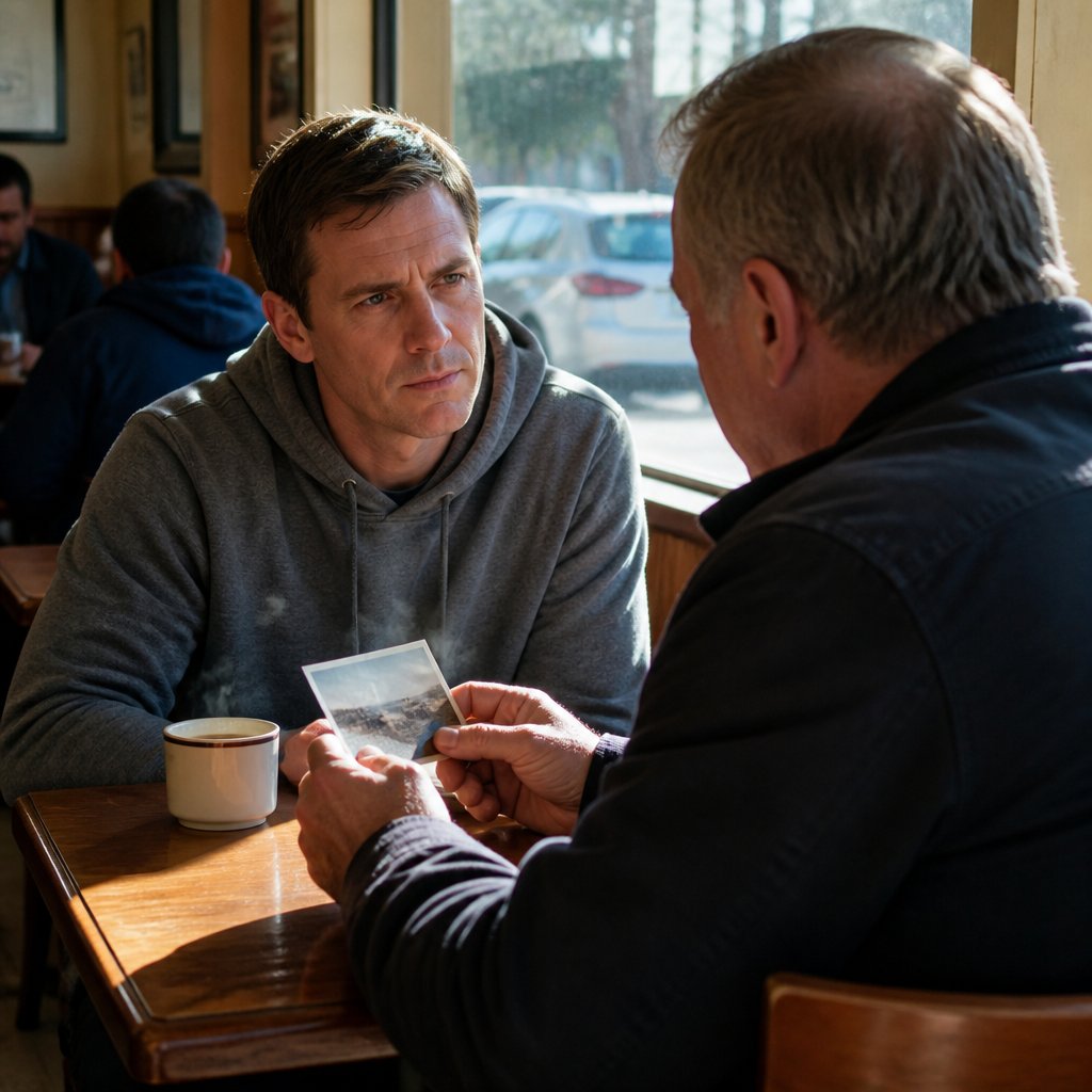 Man and detective discussing photo in coffee shop, focused expressions.