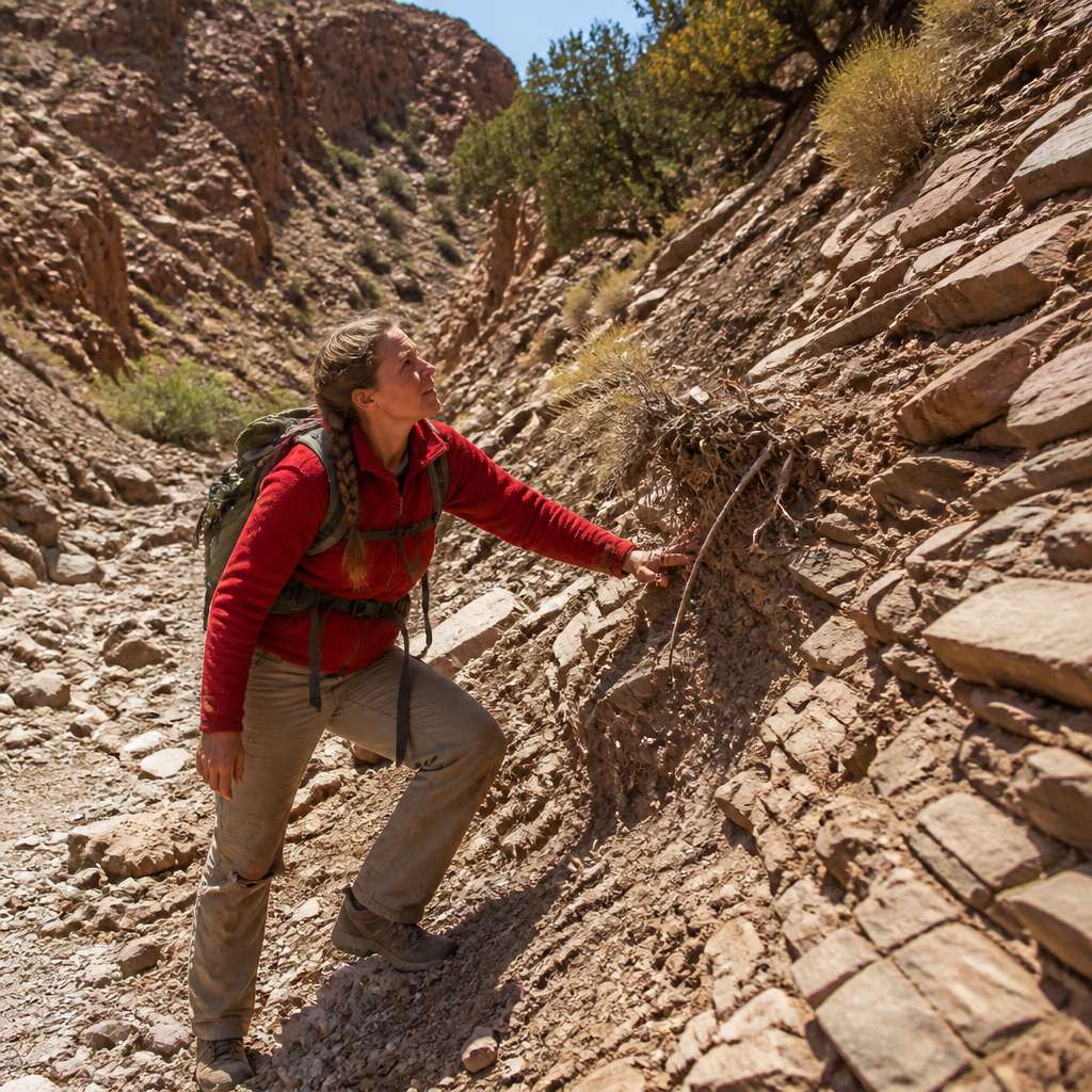 Woman in a dry wash looking up at a slanted shale route, fingers testing a root, canyon walls around her.