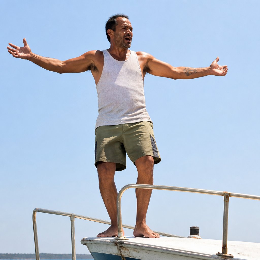 Man shouting upward on boat under bright sky.