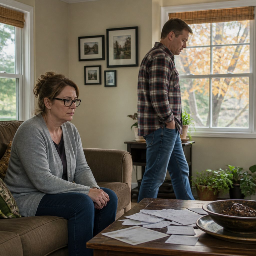A woman sits quietly as her husband paces in a tense living room.