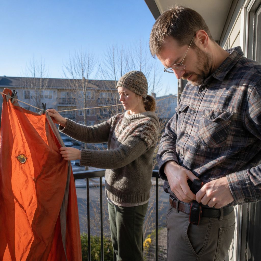 Couple folding torn orange tent fly on balcony, man adjusting communicator, both looking serious.