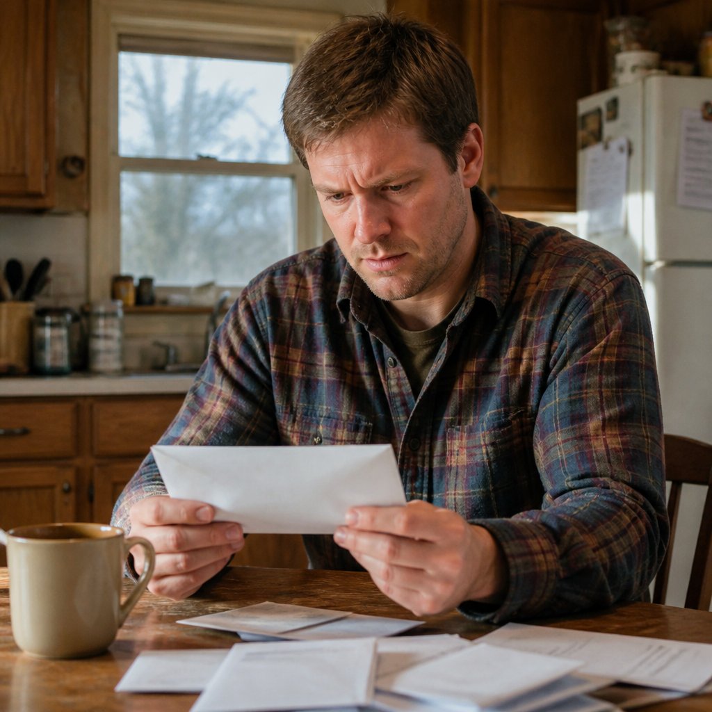 Man seated at kitchen table holding official envelope, surrounded by papers and coffee.