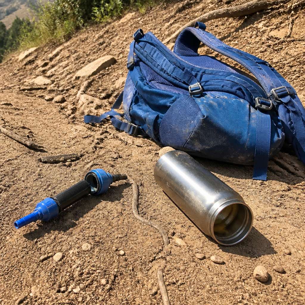 Broken water filter and dented bottle with a small amount of water beside a crumpled backpack on a dusty slope.
