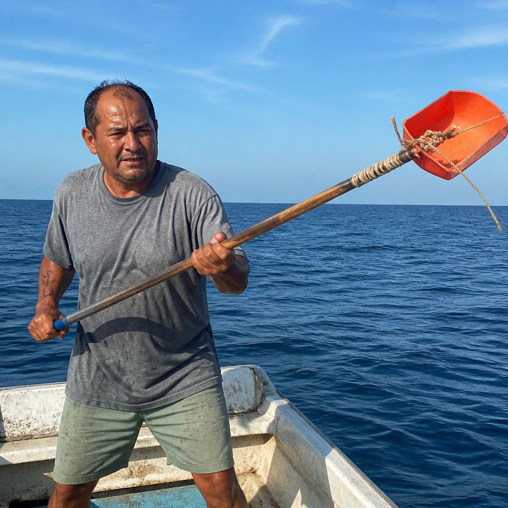 Man waving orange makeshift flag on boat in open sea.
