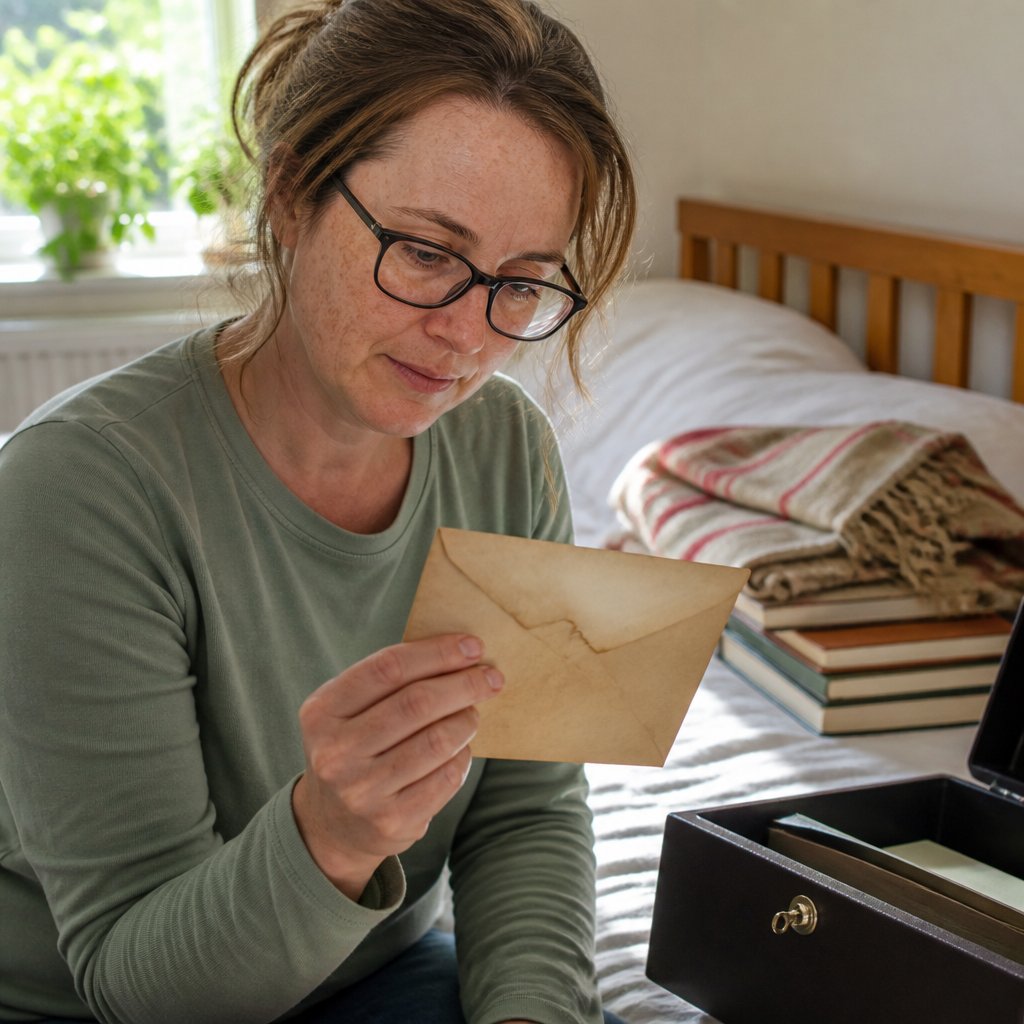 A hand holding a stained envelope resting on a bed near a fireproof box.