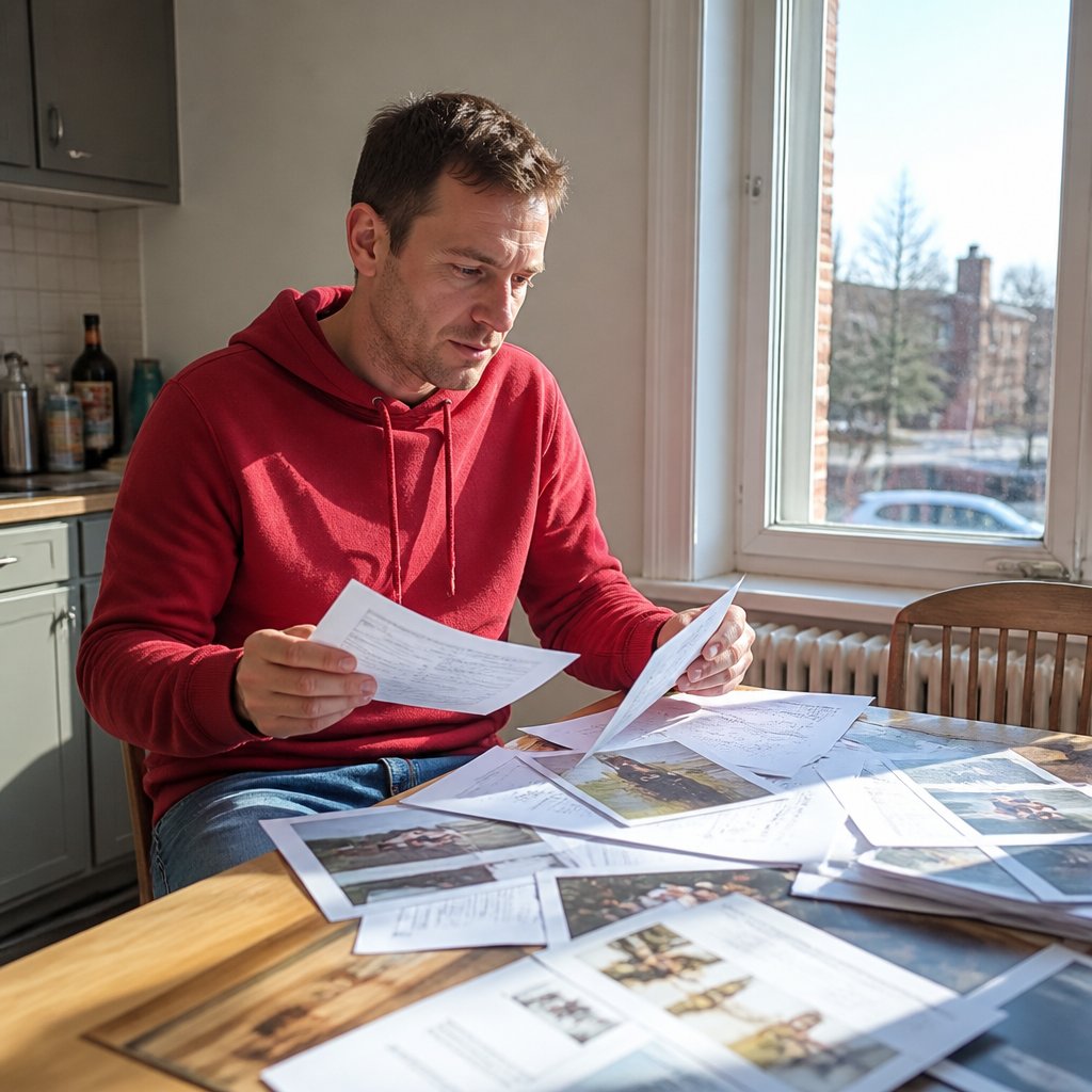 Man at dining table surrounded by papers, looking thoughtful and determined.