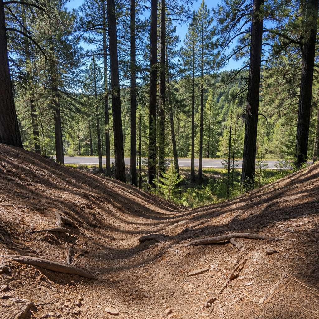 View from a wash crest toward pine trees and a distant road partly visible through the trunks, no people present.