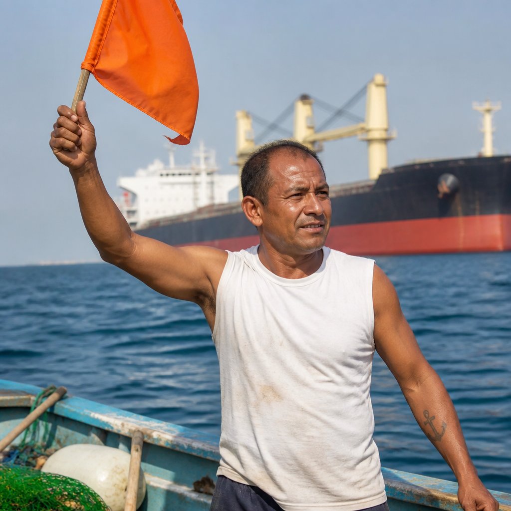 Man waving orange flag on boat with container ship approaching.