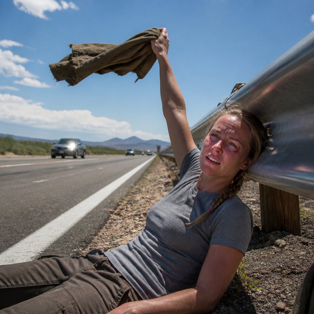 Woman lying by a guardrail on a highway shoulder, waving a jacket tied to the rail as cars pass.
