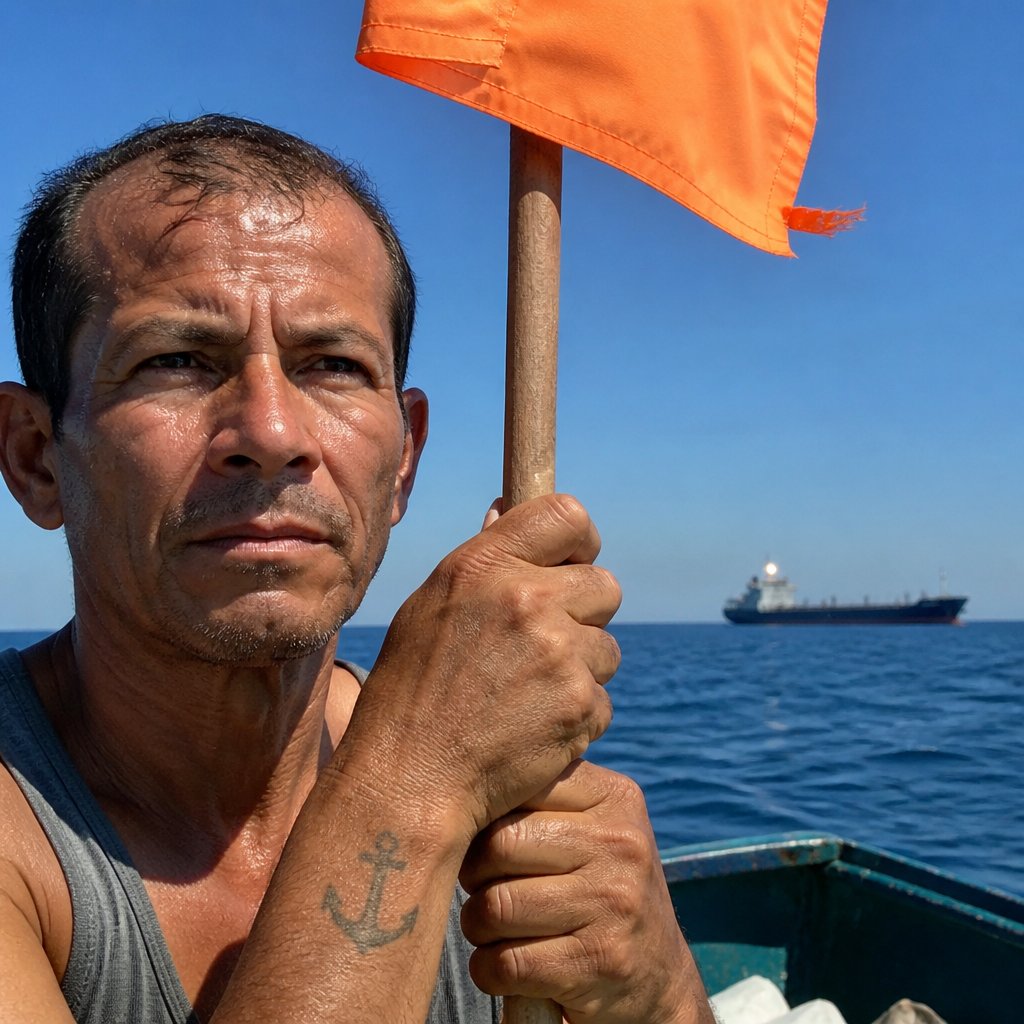Man holding orange flag with blinking light from ship's bridge in distance.
