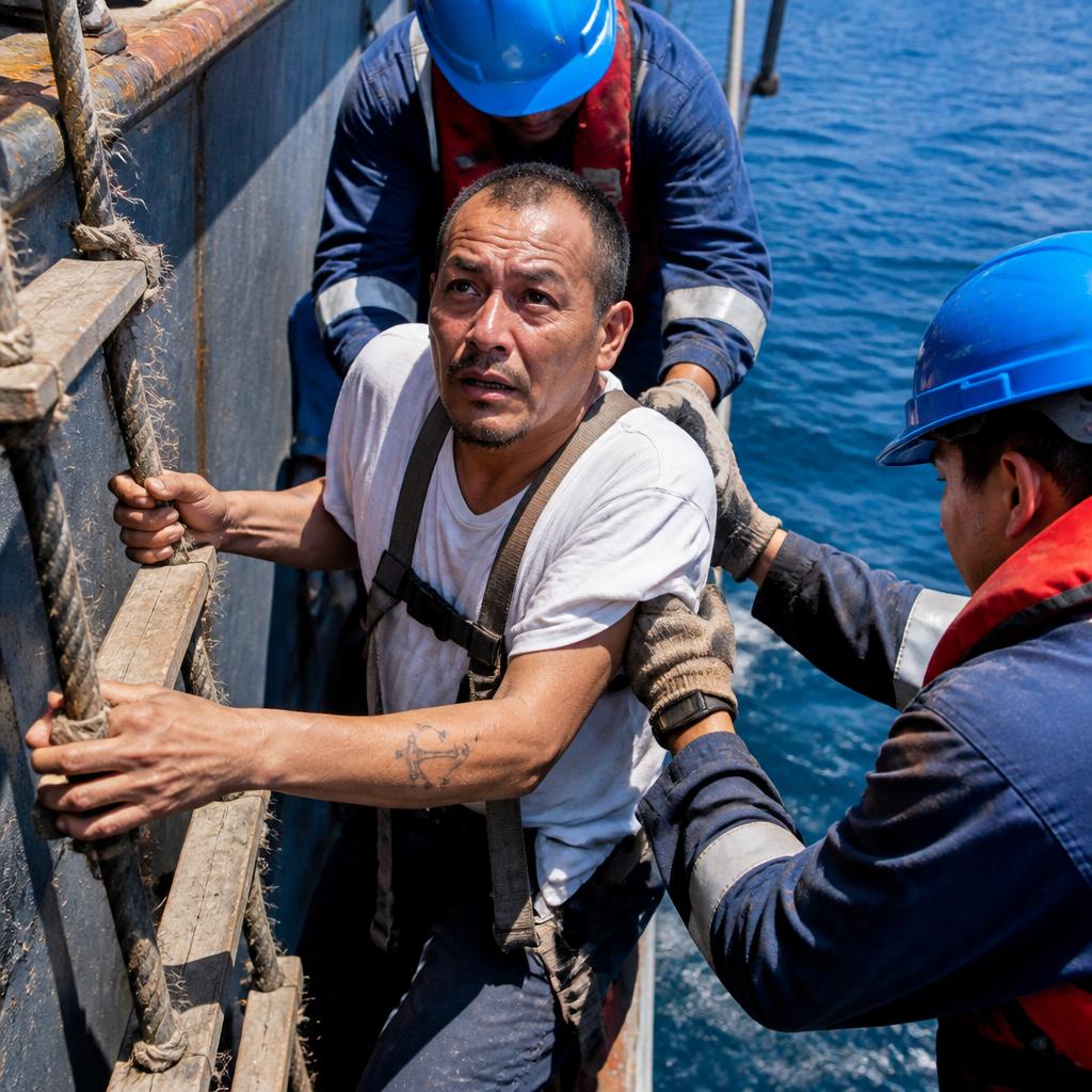 Man being lifted up a pilot ladder by crew on ship, looking exhausted and unsure.