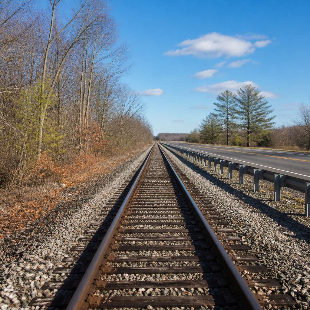 Empty train tracks beside a highway at dusk with distant lights and guardrail, no people present.